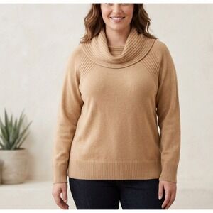 Jones New York Collection 100% Cashmere Sweater Womens Large Camel Cowl Neck Tan